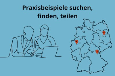 Portlet der Digital Learning Map Schwarzer Titel "Praxisbeispiele suchen, finden, teilen" vor blauem Hintergrund. Links ist eine Strichzeichnung von zwei Personen, die vor einem Laptop sitzen, abgebildet, rechts die Deutschlandkarte, unterteilt in Bundesländer. Beispielhaft sind drei Orte mit roten Markern gekennzeichnet.