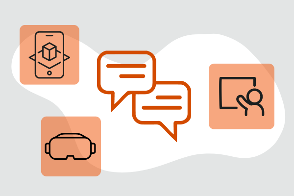 Community-Call Zwei Sprechblasen, umkreist von drei Symbolen: einem Handy mit Augmentend-Reality-Abbildung, einer VR-Brille und einer Person, die vor einer Art Tafel präsentiert.