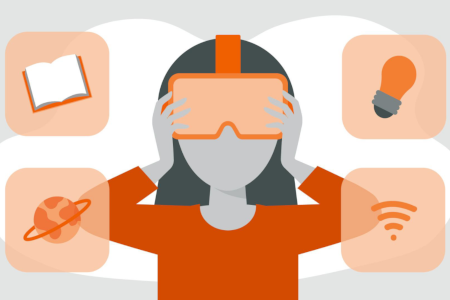 Themenschwerpunkt "Lernen und Unterrichten mit Augmented und Virtual Reality" Comicdarstellung eines Mädchens, das eine VR-Brille trägt.