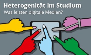 Titelbild zum Themenspecial "Heterogenität im Studium" Titelbild: Fünf Hände in verschiedenen Farben zeigen auf ein Tablet.